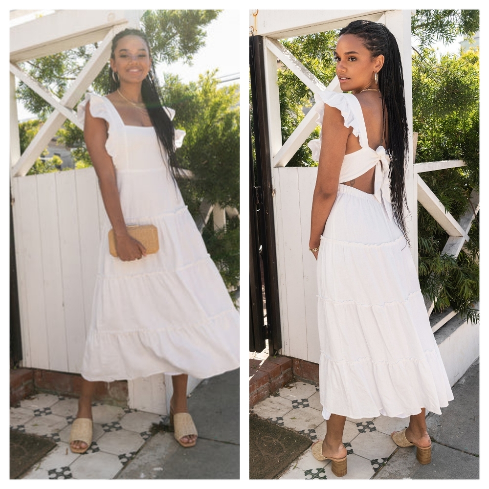 NWT SHOW ME YOUR MUMU Lovely White Linen Blend Tiered Ruffled Midi Dress, XS